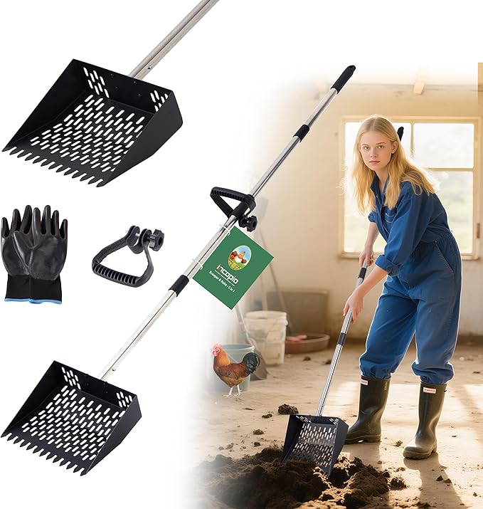 2-in-1 Chicken Poop Scooper & Rake –10” Wide Metal Sifting Shovel with Fine Mesh Slots, Chicken Pooper Scooper for Sand with Adjustable 39–67” Stainless Steel Handle, Animal Waste & Coop Cleaning Tool