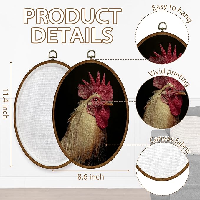 WULQYING Vintage Chicken Wall Art Decor, Moody Dark Academia Chicken Oval Framed Canvas Art Prints, Rustic Farmhouse Rooster Wall Hanging Decor for Home Bedroom Living Room, 8.6x11.4 Inches