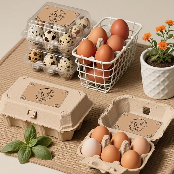 60Pcs 2" x 4" Chicken Egg Labels Rectangle Brown Self Adhesive Family Farm Egg Cartoon Stickers Packaging Tags for Box Container Business Farm Farmhouse Markets Shops Supplies