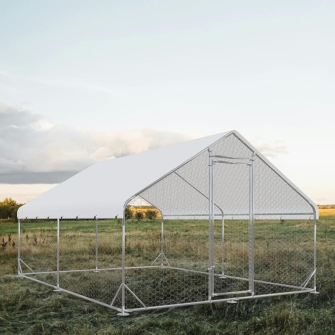 Large Metal Chicken Coop,Upgraded Outdoor Chicken Coop Run Chicken Shelter,Walk-in Poultry Cage Spire-Shaped Chicken Run with Waterproof and Anti-UV Cover for Outside,Backyard and Farm,13'x9.8'x6.4'