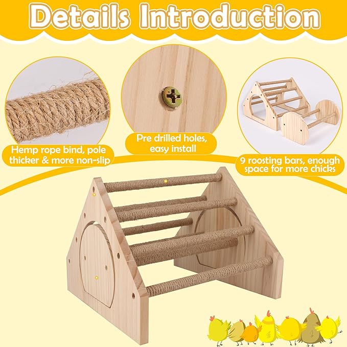 2Pack Wood Chick Perch Stand with Rope, Larbeti Chick Roosting Bar for Brooder with Holes Coop Chicken Jungle Gym Wooden Chicken Training Perch Stand Toy for Poultry, Bird, Parrot, Pigeon