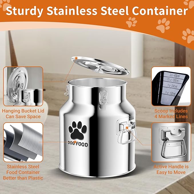 Metal Dog Food Storage Container 18Lbs, Stainless Steel Dog Food Storage Container with Lids Airtight, Pet Food Storage Container for Dogs, Cat Food Bin with Spoon, Keep Food Fresh, Easy to Clean
