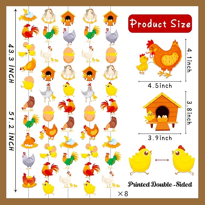 Chicken Garlands Chicken Birthday Party Supplies 8PCS Chicken Farm Hanging Paper Garlands Chick Hen Theme Banner Decorations for Barnyard Farm Animals Baby Shower Supplies