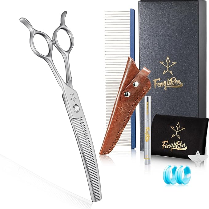 High-end Professional Dog Grooming Curved Thinning Scissors Teeth Blending Shears Pet Texturizing Thinner Blender Shears 7 Inch Extremely Very Sharp Made Of Stainless Steel Alloy For Dog Cat Groomer