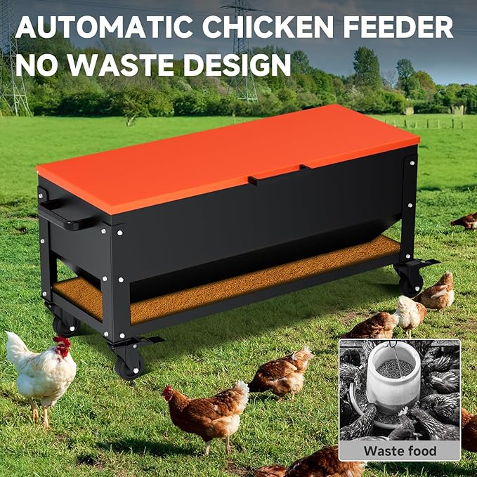 Heavy Duty Chicken Feeder 120 lbs Large Capacity, Metal Automatic Poultry Feeding Box with Waterproof Lid, Raised Standing Feeder with Wheels for Hens & Roosters, Portable & Easy to Move