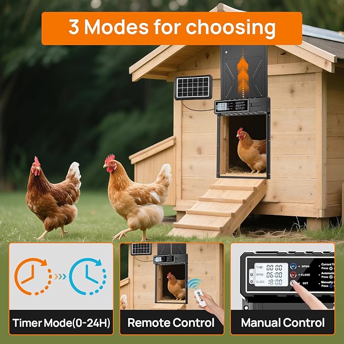 Solar Powered Chicken Coop Door with Remote & LCD Timer – Battery-Free Auto Open/Close, Weatherproof Aluminum Hen House Door, Easy Install, Predator-Proof Motorized Coop Door