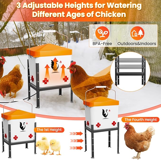 Heated Chicken Waterer, Poultry Water Heater for Winter with 4-Nipple, Thermostatically Controlled, 4 Adjustable Heights, Anti-Freezing Watering System for Coop Accessories (Orange, 7L)