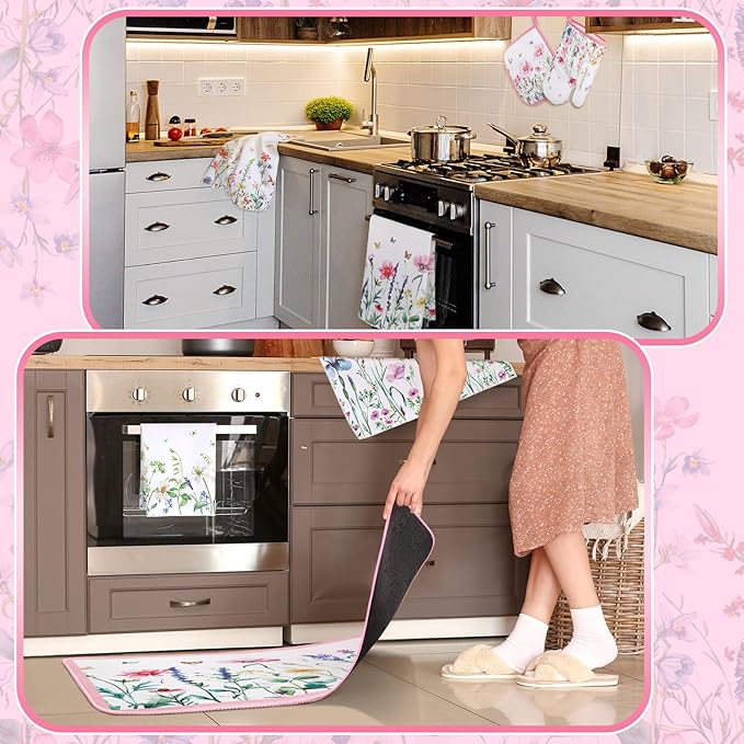 10 Pcs Wildflower Kitchen Dish Towels Rugs Oven Mitts and Pot Holders Set Farmhouse Kitchen Decor Set for Women Mom Daughter Gift Cooking Baking Grilling (Pastel Pink White)