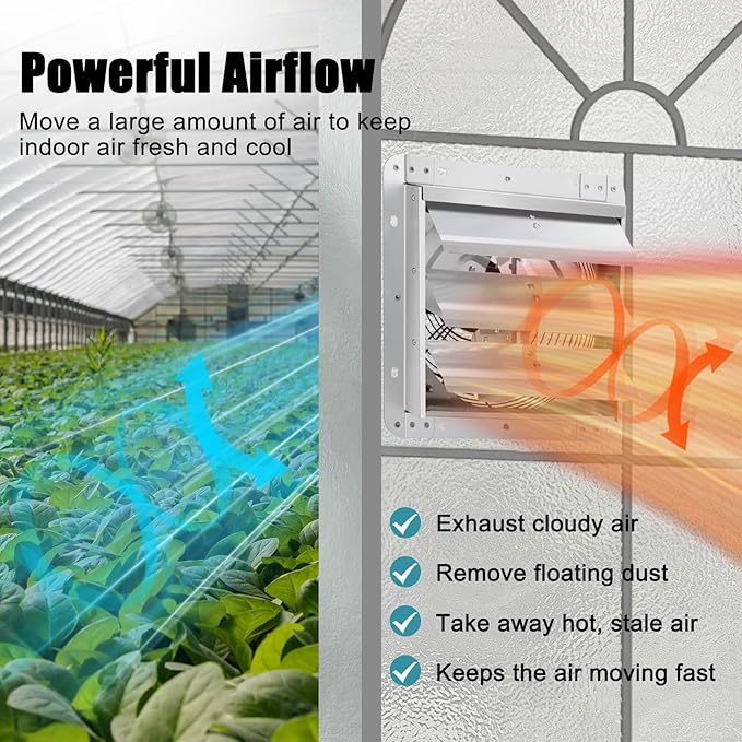 Criditpid 14 Inch Shutter Exhaust Fan, Wall Mounted Vent Fan for Garage, Attic, Greenhouse, Shop, Chicken Coop, 1088 CFM 1450 RPM High-Speed Louvered Exhaust Fan with ON/OFF Switch 1.8M Power Cord Kit