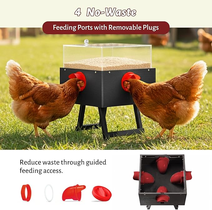 KOL No-Waste Chicken Feeder, 17LB Poultry Feeder with 4 Anti-Spill Ports, Clear-View HIPS & Acrylic Design, Foldable Stand for Hens and Chicks – Automatic Gravity-Flow Feeder