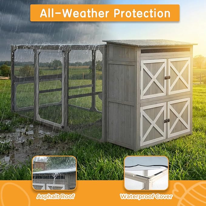 Large Chicken Coop with Run and Waterproof Cover, 92.5" Wooden Outdoor Hen House with 6 Nesting Boxes and Roosting Bars, Expandable Poultry Cage for 4–6 Chickens, Ducks or Rabbits, Backyard Farm Use
