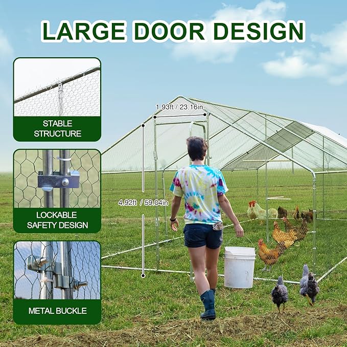 Chicken Coop Large Metal Chicken Run with Chicken Perch, Outdoor Dog Kennel with Roof Waterproof Anti-UV Cover Secure Lock for Outside Backyard Farm (19.7' L x 9.8' W x 6.72' H)
