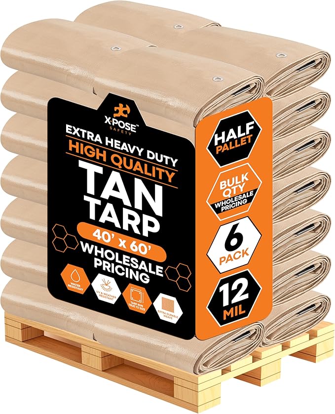 Heavy Duty Tan Poly Tarp 40' X 60' - Bulk Half Pallet (6 Pack) - Multipurpose Protective Cover - Durable, Weather Proof & Tear Resistant - 12 Mil Thick Polyethylene - by Xpose Safety