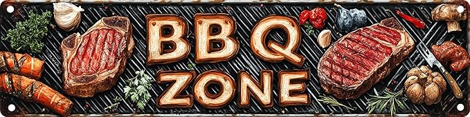 Vintage Tin Bbq Zone Sign Retro Metal Sign Suitable For Cookouts And Barbecues - Multi-Purpose Metal Sign For Indoor/Outdoor Use Plaque 4x16 Inch