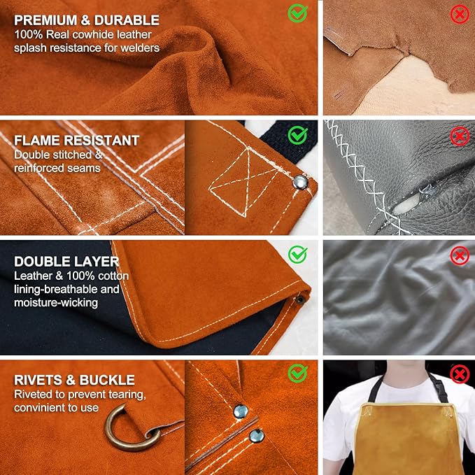 ARCCAPTAIN Leather Welding Work Apron 24" X 36" Heat Flame Resistant Cowhide Blacksmith Aprons with 6 Tool Pockets for Welders Men Women, Adjustable M to XXXL-Brown
