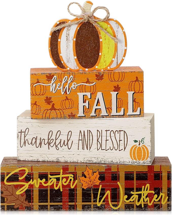 Geelin 4 Pcs Thanksgiving Decorations Fall Wooden Sign Pumpkin Tiered Tray Decor Hello Fall Table Centerpiece Wood Blocks Table Top Sign for Home