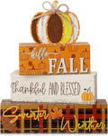Geelin 4 Pcs Thanksgiving Decorations Fall Wooden Sign Pumpkin Tiered Tray Decor Hello Fall Table Centerpiece Wood Blocks Table Top Sign for Home