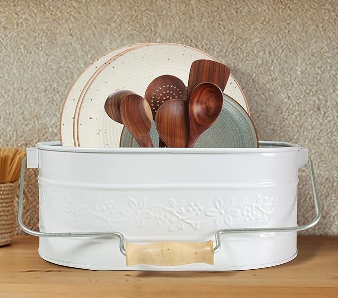 Lightnpro Galvanized Metal Utensil Caddy with Wooden Handle - Rustic Farmhouse Silverware Organizer for Parties & Kitchen Countertop - Chalk White Decor & Storage
