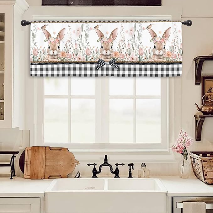 Miyotaa Easter Rabbit Bunny Kitchen Curtain Valance 54W x 18H Rod Pocket Plaid Buffalo Spring Flower Floral Window Treatment for Living Room Bedroom Bathroom