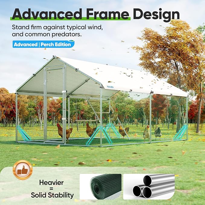 Quictent Large Metal Chicken Coop Run for 20+ Poultry with Climbing Perch, Side Hardware Cloth & Cover, Advanced Series Outdoor Walk-in Cage Hen Duck Rabbit Dog Pen Yard Farm House, 12x9x6.6FT