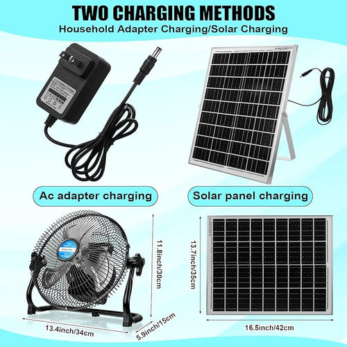 10 Inch Solar Panel Powered Fan, 2 in 1 Solar Panel or AC Charger Powered Fan 12W 9V Portable for Chicken Coop Greenhouse Household Exhaust Camping Travel Outdoor(Black)