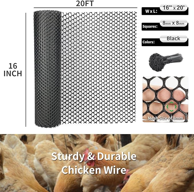 Plastic Wire Mesh Fence 16in x 20Ft Plastic Chicken Wire Mesh for Poultry, Dogs, Rabbit, Snake Barrier & Gardening Versatile Plastic Fencing (16in x 20Ft, Black)