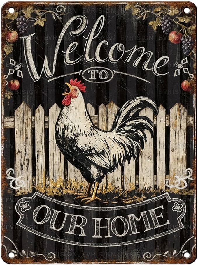 Vintage Rooster Tin Sign Welcome To Our Home Retro Chicken Metal Poster Rustic Nostalgic Metal Sign Wall Decor For Home Farmhouse Farm Room Yard Cafe Kitchen Bar 16 * 12In