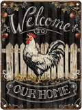 Vintage Rooster Tin Sign Welcome To Our Home Retro Chicken Metal Poster Rustic Nostalgic Metal Sign Wall Decor For Home Farmhouse Farm Room Yard Cafe Kitchen Bar 16 * 12In