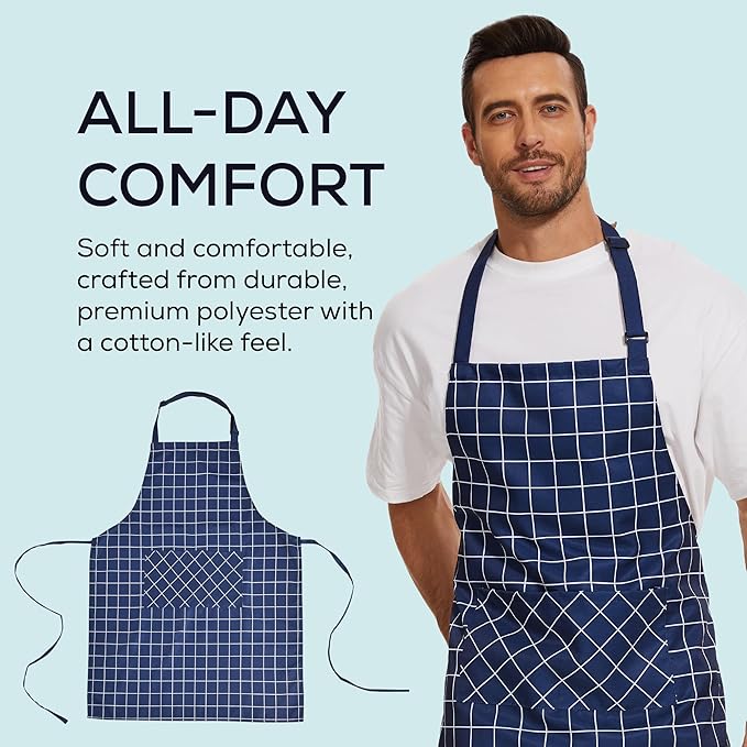 Will Well Kitchen Apron for Men and Women - 33" x 27" Oil-and-Water-Resistant with Adjustable Neck Strap and 38" Waist Ties for a Snug Fit, Lightweight with 2 Front Pockets - 6-Pack, Navy Checkered