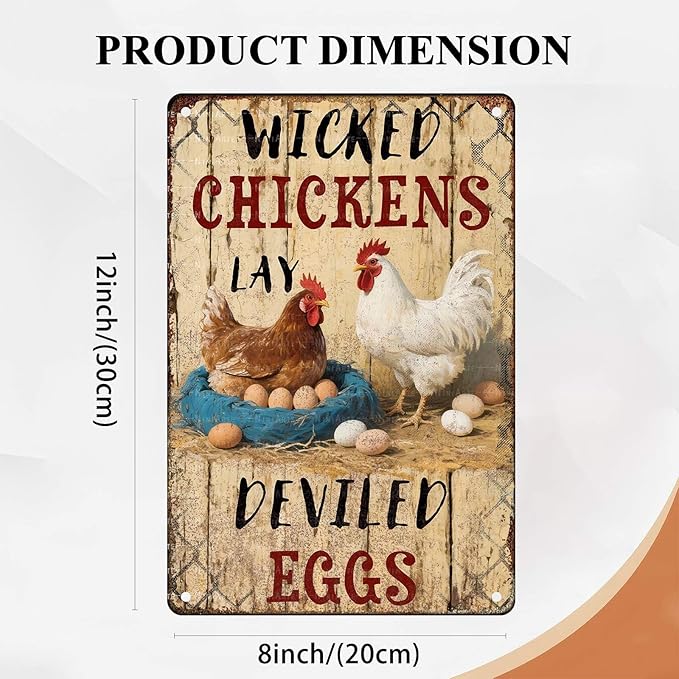 Rustic Metal Tin Sign Wicked Chickens Lay Deviled Eggs Poster Art Country Kitchen Wall Decor Outdoor & Indoor Farmhouse Sign Metal Plaque 8x12 Inch 8X12Inch