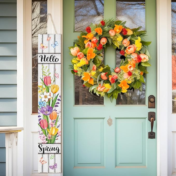 47" Large Spring Porch Sign Tulip Welcome Sign Wooden Tall Spring Porch Decor Leaner Rustic Farmhouse Front Door Decor for Holiday Outdoor Home Yard Entryway Gift