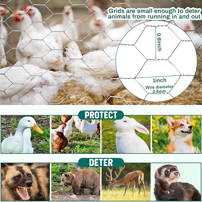 24 in x 200 ft Chicken Wire Fencing Metal Floral Chicken Wire Mesh for Crafts Poultry Garden, 1 Inch Hexagonal Galvanized Hardware Cloth Netting for Poultry Coop Barrier Rabbit Cage (Silver)