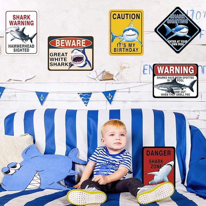 WERNNSAI Shark Birthday Party Decorations - 9 PCS Blue Shark Party Decoration Signs for Kids Boys Under The Sea Birthday Supplies Ocean Shark Signs Decor for Ocean Themed Baby Show Party Favors