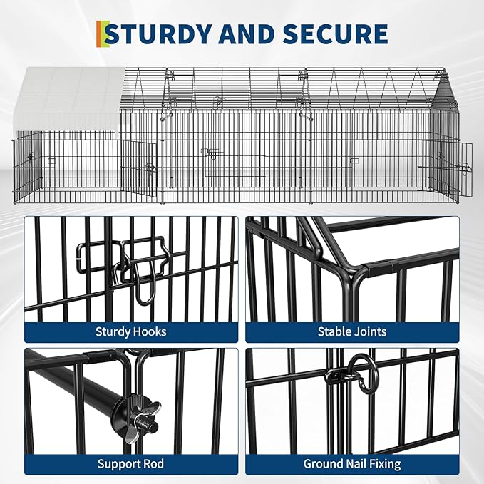 Large 130" Metal Chicken Coop Run with Waterproof Cover – Portable Outdoor Poultry Cage, Rabbit Hutch, Duck House, Pet Playpen – Easy Assembly, Secure Lock, 4-Door Design, All-Weather Enclosure