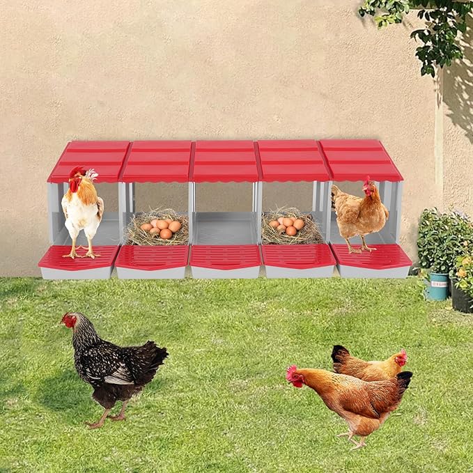Chicken Nesting Box, 5 Compartments Laying Boxes for Hens, Nest Box for Chicken Duck Poultry Coop, Wall Mount Chickens Roosting Boxes, Protect Collect Egg (Red)