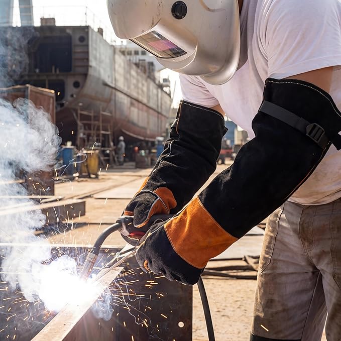 Leather Welding Sleeves,Work Gloves with Palm Reinforcements,Bite Proof for Animal Handling