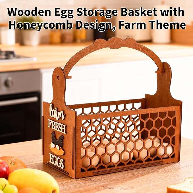 Rustic Farm Wooden Egg Holder & Basket with Honeycomb Design - For Kitchen Countertop, Farm Collection & Tabletop Serving, Fresh Chicken Egg Storage