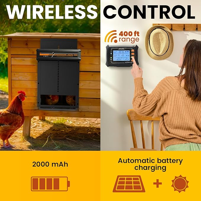 Wireless Automatic Chicken Coop Door – Solar Powered – LCD Display, Timer & Light Sensor – Anti-Pinch, All-Weather Aluminum – 5-Year Protection - Okköbi
