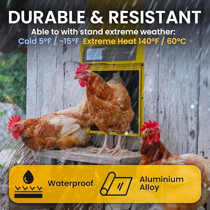 Okkobi Automatic Chicken Coop Door Solar Powered - LCD Display - Chicken Coop Door with Remote Control, Light Sensor & Timer - Security & Peace of Mind: Anti-Pinch Function - 5-Year Protection