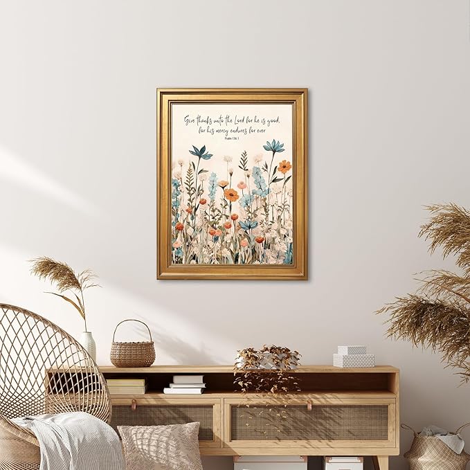 Framed Christian Scripture Wall Art Painting Give Thanks to the Lord Psalm 1361 Floral Print Inspirational Bible Verse Picture Poster Wildflower Faith Decor Canvas Artwork for Home Office 12x16inch