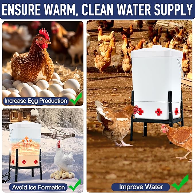 Heated Chicken Waterer, Thermostatic Water Heater 3 Gallon, 4 Horizontal Nipples, 5FT Power Cord, Detachable Legs, Outdoor Winter-Proof Poultry Water Heater for Chickens, Ducks, Geese