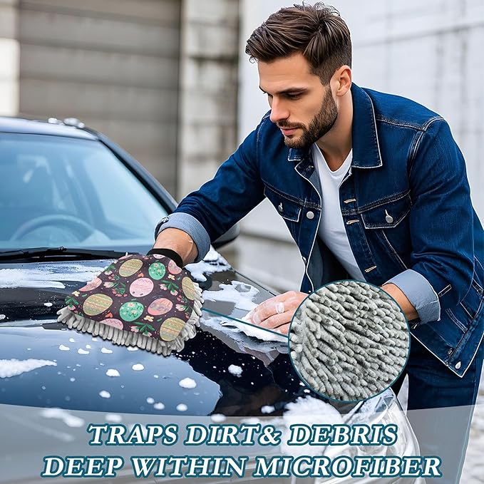 Washing Mitts Car Wash Pastel Colorful Easter Eggs Floral Auto Car Washing Sponges & Mitts Soft Scratch Free Absorbent Microfiber Chenille, Large x 2 Pack