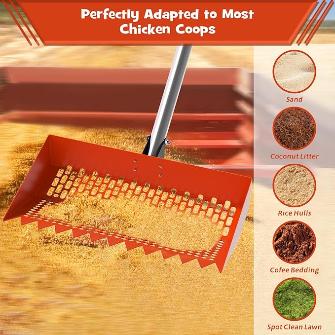 Chicken Poop Scooper & Rake 2-in-1 – 12 Inch Shovel Head & 3-Angle Adjustable 304 Stainless Steel Handle, Chicken Litter Scoop and Coop Rake & Sand Sifting Shovel for Chicken Coops, Orange