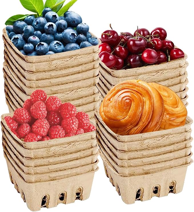 Berry Basket Pulp Containers – Natural Produce Holder Tray, Disposables Storage Basket | Vented Fruit Container Box, Eco Kitchen Supply Set, Large Pack Garden Stand Packaging For Strawberry, Cherries