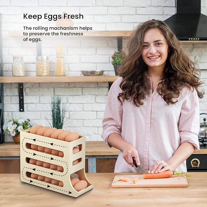 ZAYLAN Egg Holder for Fridge, Auto Rolling Egg Roller/Dispenser/Organizer/Storage Container, Space-Saving 4-Tier Egg Tray for 28 Eggs, Refrigerator, Kitchen & Countertop with Flower Egg Cutter (Cream)