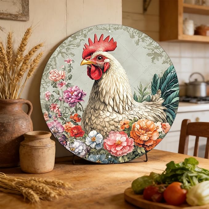 Chicken Coop Hen Round Vintage Metal Tin Sign Flower Kitchen Farmhouse Wall Signs Vintage Wall Art Decoration Poster for Chicken Lovers Decor 12 Inch