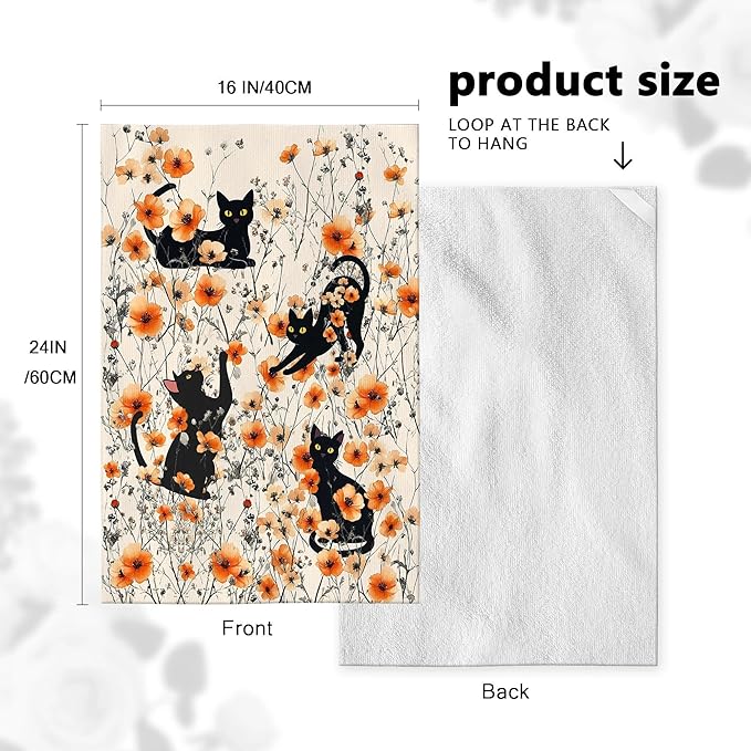 Black Cat Kitchen Towels Decorative Set of 4, Burnt Orange Floral Dish Towels Dish Cloths for Drying Cleaning, Soft Absorbent Cute Hand & Tea Towel, Cat Lover Kichen Decor & Gifts for Women