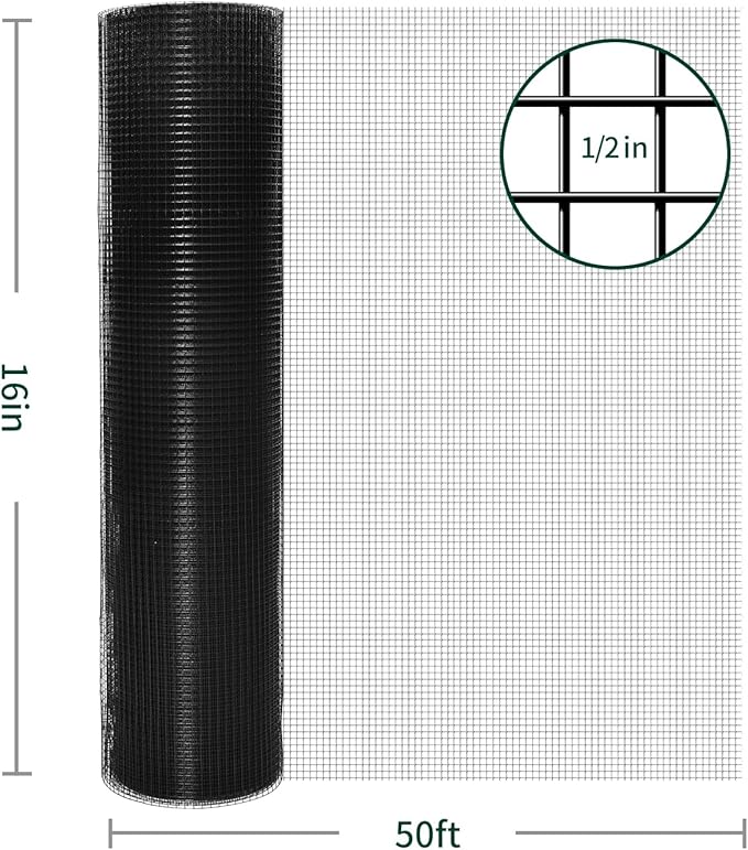 1/2 Inch Hardware Cloth 16"x50 FT - Black Vinyl Coated Chicken Wire Mesh, 19 Gauge Galvanized Steel Fence Roll for Chicken Coops, Garden Protection, Rabbit Cages & DIY Projects