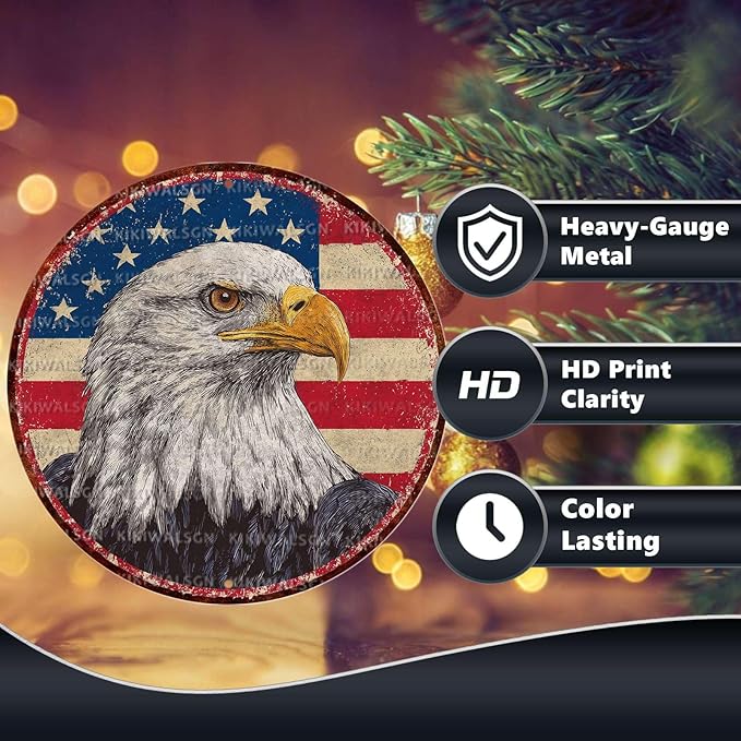 Vintage Bald Eagle Round Metal Sign Retro American flag Tin Sign Nostalgic Patriotism Wall Decor Decorations for Home Bedroom Living Room Cafe Bar Kitchen Yard Fence Door Outside 8 * 8 In