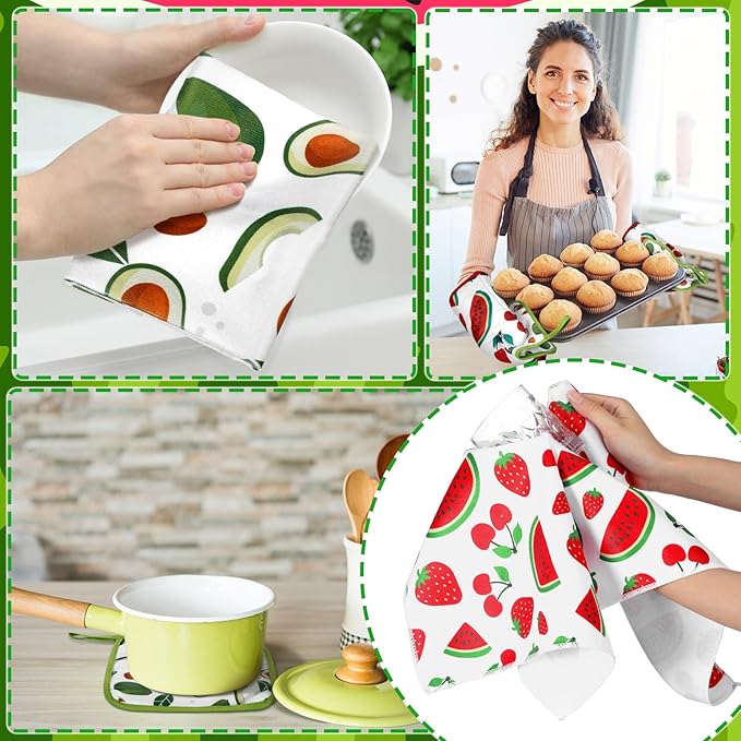 10 Pcs Fruit Kitchen Dish Towels Rugs Oven Mitts and Pot Holders Set Farmhouse Kitchen Decor Set for Women Mom Daughter Gift Cooking Baking Grilling(Lively Color)